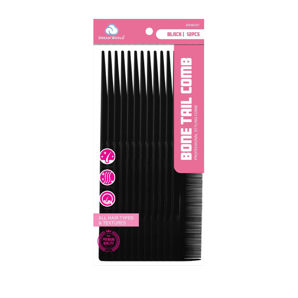 Dream World Bone Tail Comb - Black - 12 PCS
