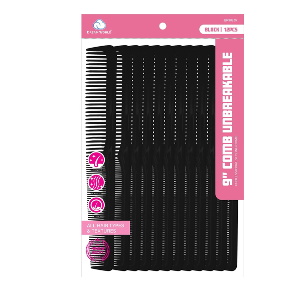 Dream World 9" Comb Unbreakable - Black - 12 PCS